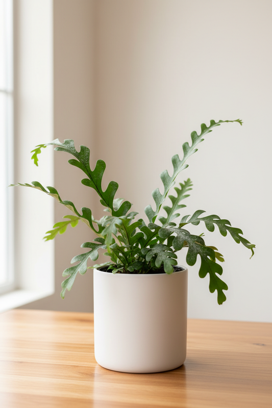 Kangaroo Paw fern in a white nursery pot with long leathery dark green fronds with distinctively lobed paw-shaped edges on a wood surface in natural light
