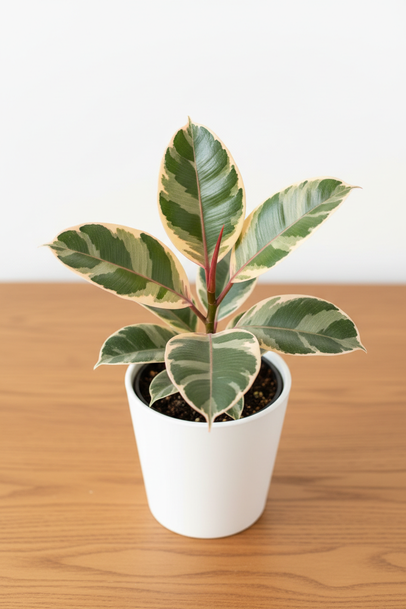 Ficus Elastica Tineke rubber plant in a white nursery pot with large glossy leaves in creamy white green and soft pink marbled variegation on a wood surface in natural light