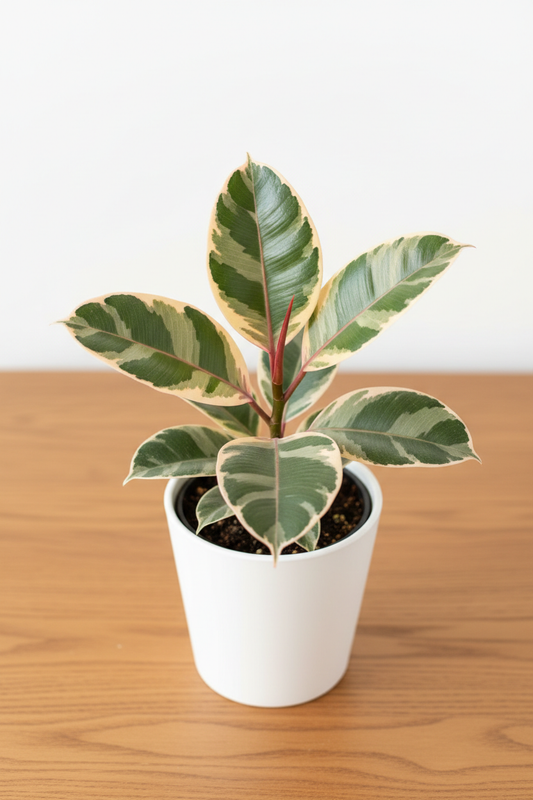 Ficus Elastica Tineke rubber plant in a white nursery pot with large glossy leaves in creamy white green and soft pink marbled variegation on a wood surface in natural light