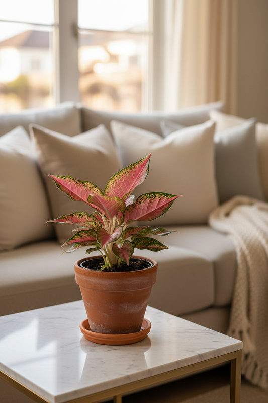 Chinese Evergreen Lady Valentine in a terracotta pot on a marble side table in a bright cozy living room with warm natural light
