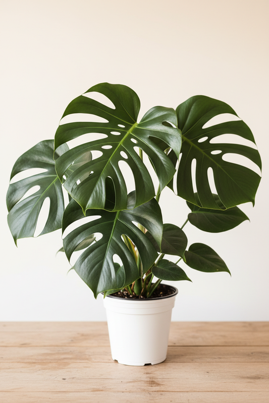 Philodendron Monstera Split-Leaf in a white nursery pot with large deeply split and lobed glossy dark green tropical leaves on a natural wood surface in soft natural light