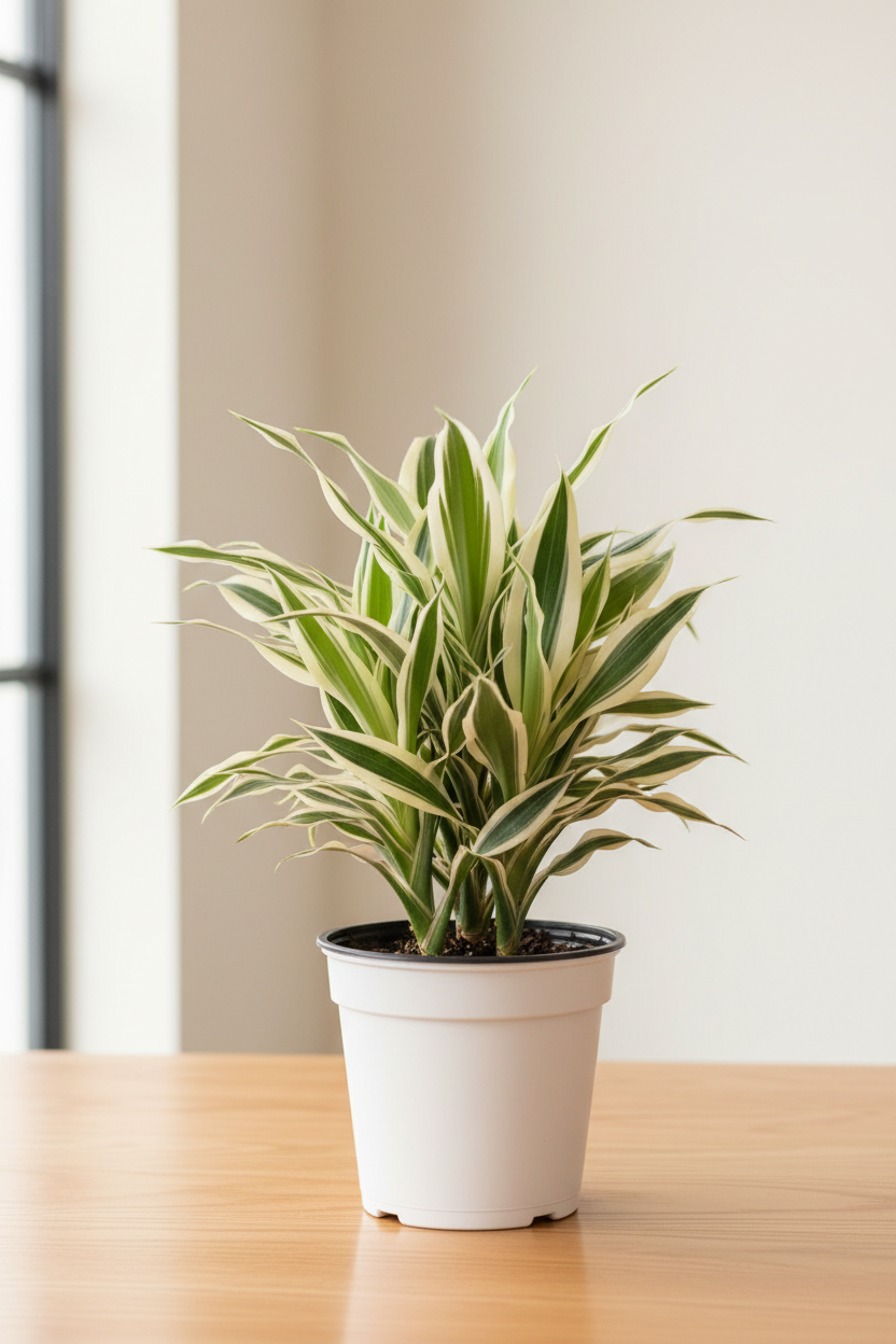 Dracaena Warneckii White Jewel in a white nursery pot with upright lance-shaped leaves striped in creamy white and green on a natural wood surface