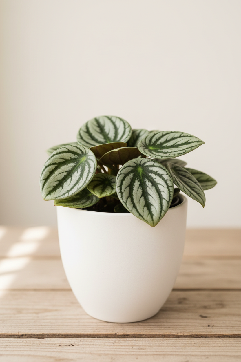 Peperomia Thailand plant in a white nursery pot with thick oval leaves featuring bold silver stripe patterns radiating from the center on deep green on a wood surface in natural light