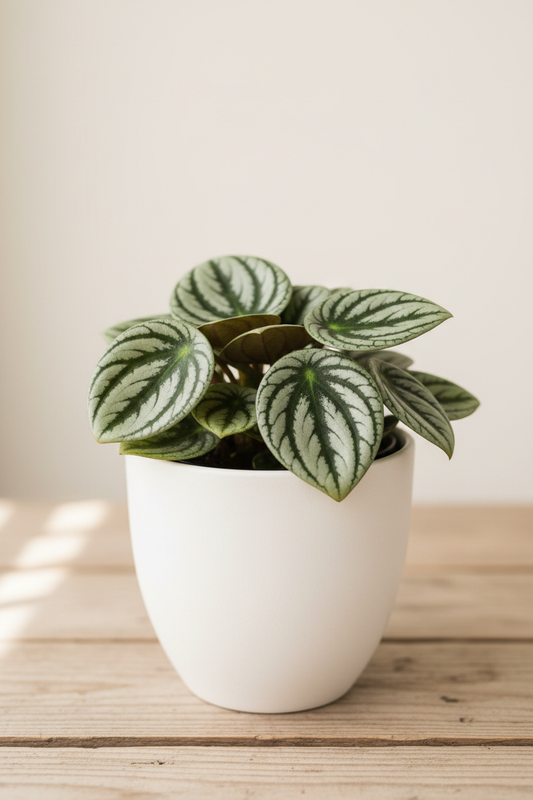 Peperomia Thailand plant in a white nursery pot with thick oval leaves featuring bold silver stripe patterns radiating from the center on deep green on a wood surface in natural light