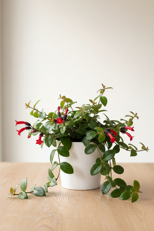 Lipstick Plant in a white nursery pot with glossy dark green trailing leaves and vivid red tubular flowers emerging from dark calyxes on a wood surface in natural light