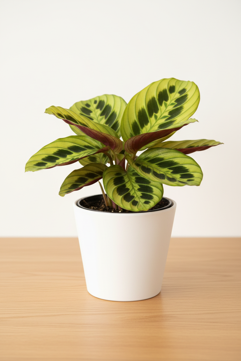 Maranta Lemon Lime prayer plant in a white nursery pot with vivid lime green and yellow-green striped patterned oval leaves slightly folded on a wood surface in natural light