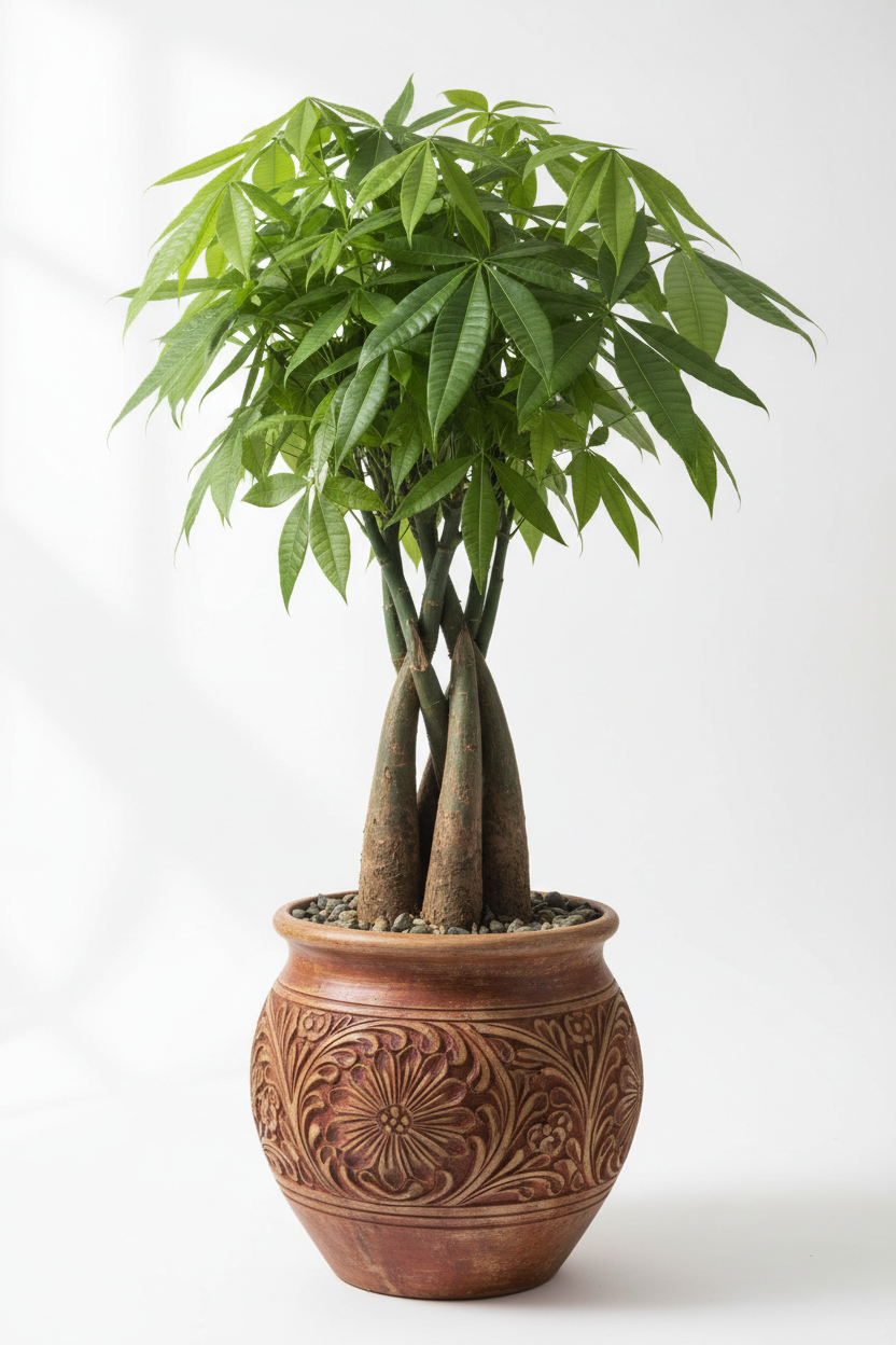A potted cashew plant with green palmate leaves and thick brown pseudostems, in a round carved terracotta pot, photographed against a plain light background.