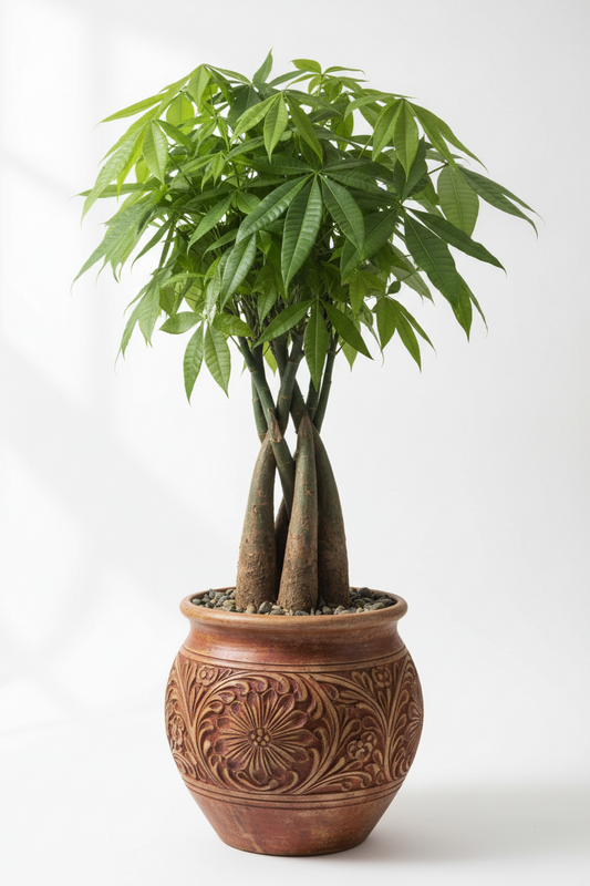 A potted cashew plant with green palmate leaves and thick brown pseudostems, in a round carved terracotta pot, photographed against a plain light background.