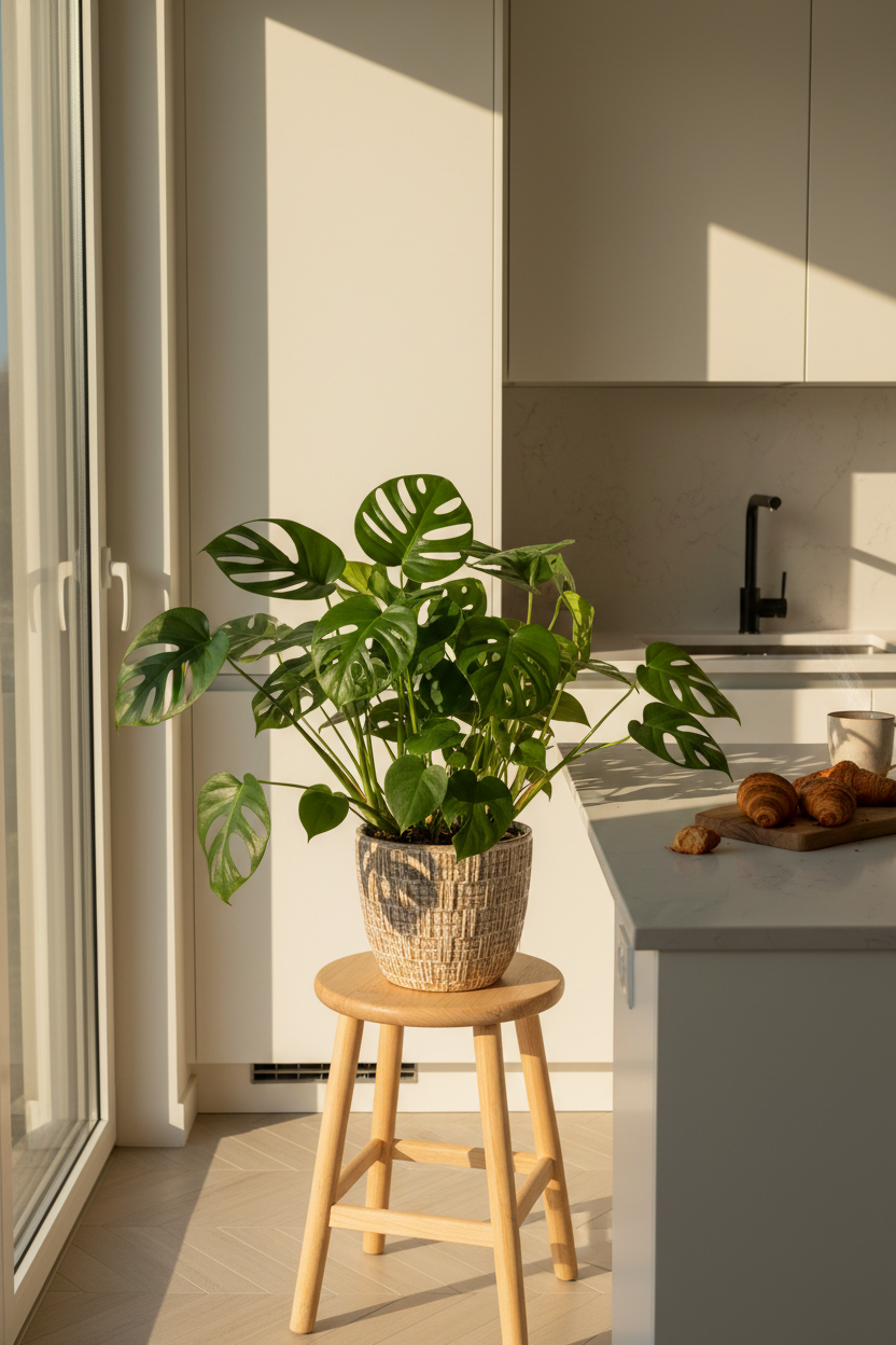 A potted monstera plant sits on a small wooden stool in a bright, modern kitchen with warm sunlight streaming in from a window.