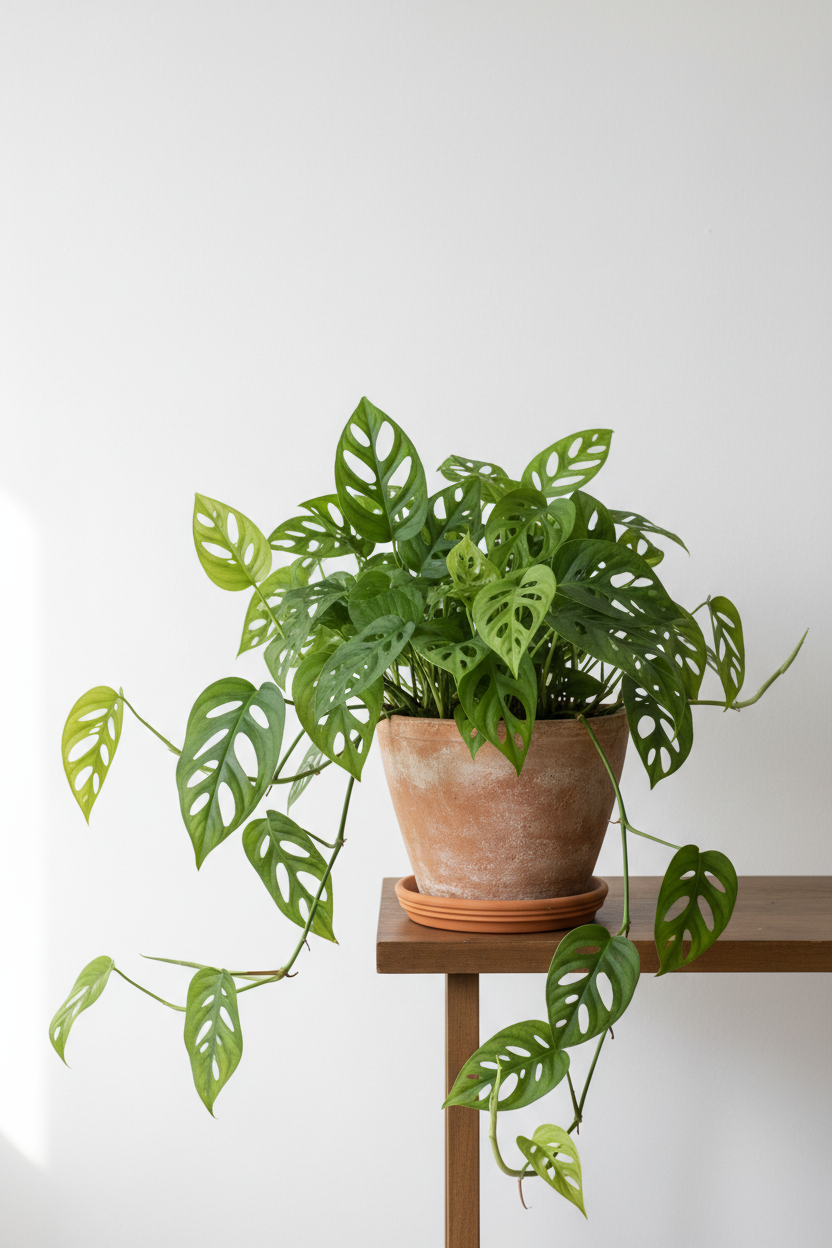 A green monstera plant in a terracotta pot, displayed on a wooden shelf against a plain white wall.