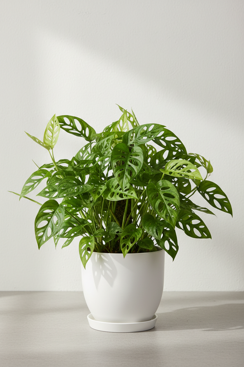 A potted Monstera deliciosa plant with distinctive green split leaves, in a white ceramic pot, set against a minimalist light gray background.