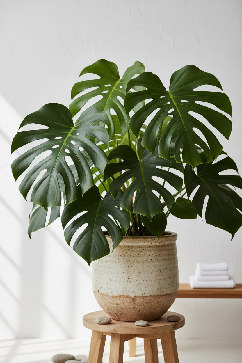 Potted plant on a wooden stool with a white wall background