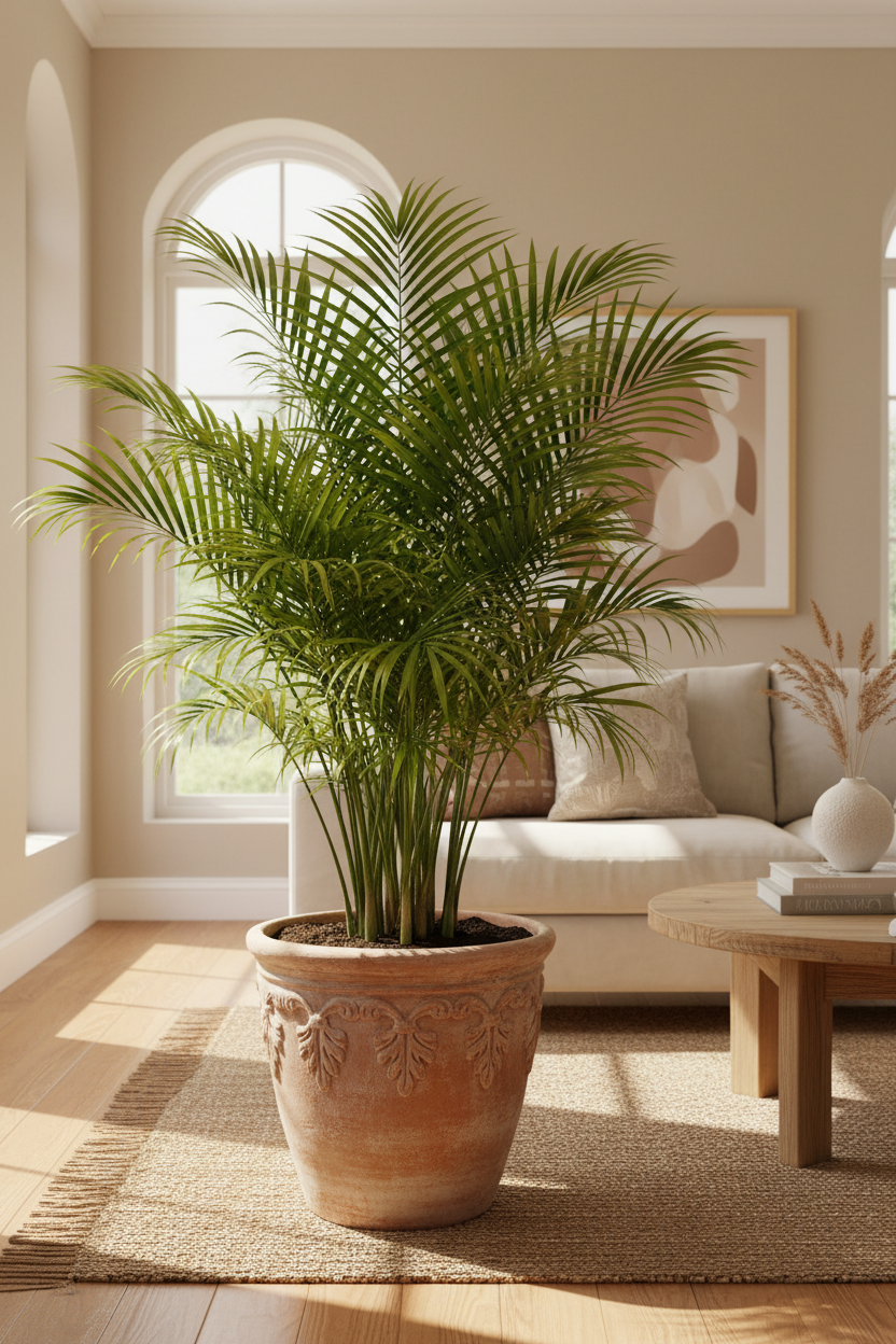 A tall green palm plant in a large terracotta-colored ceramic pot, placed in a bright, modern living room with a beige sofa, wooden coffee table, and natural light coming from an arched window.