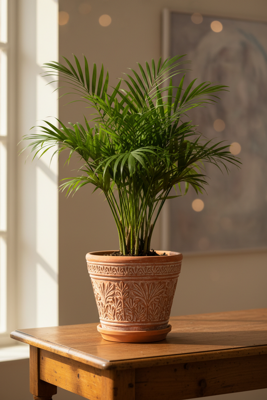 A potted green palm plant in a terracotta-colored decorative pot, placed on a wooden table in a softly lit indoor setting.