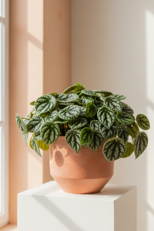 A potted Peperomia plant with green and silver patterned leaves in a terracotta-colored ceramic pot, displayed on a white pedestal in a brightly lit room.