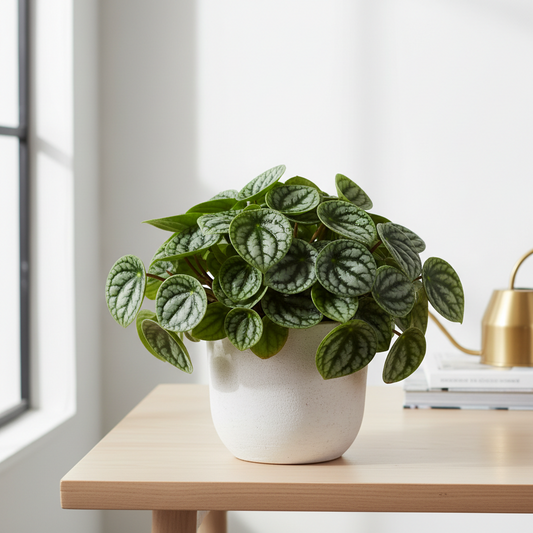 A potted Peperomia plant with green and silver patterned leaves in a white ceramic pot, sitting on a light wood table in a bright, modern room.