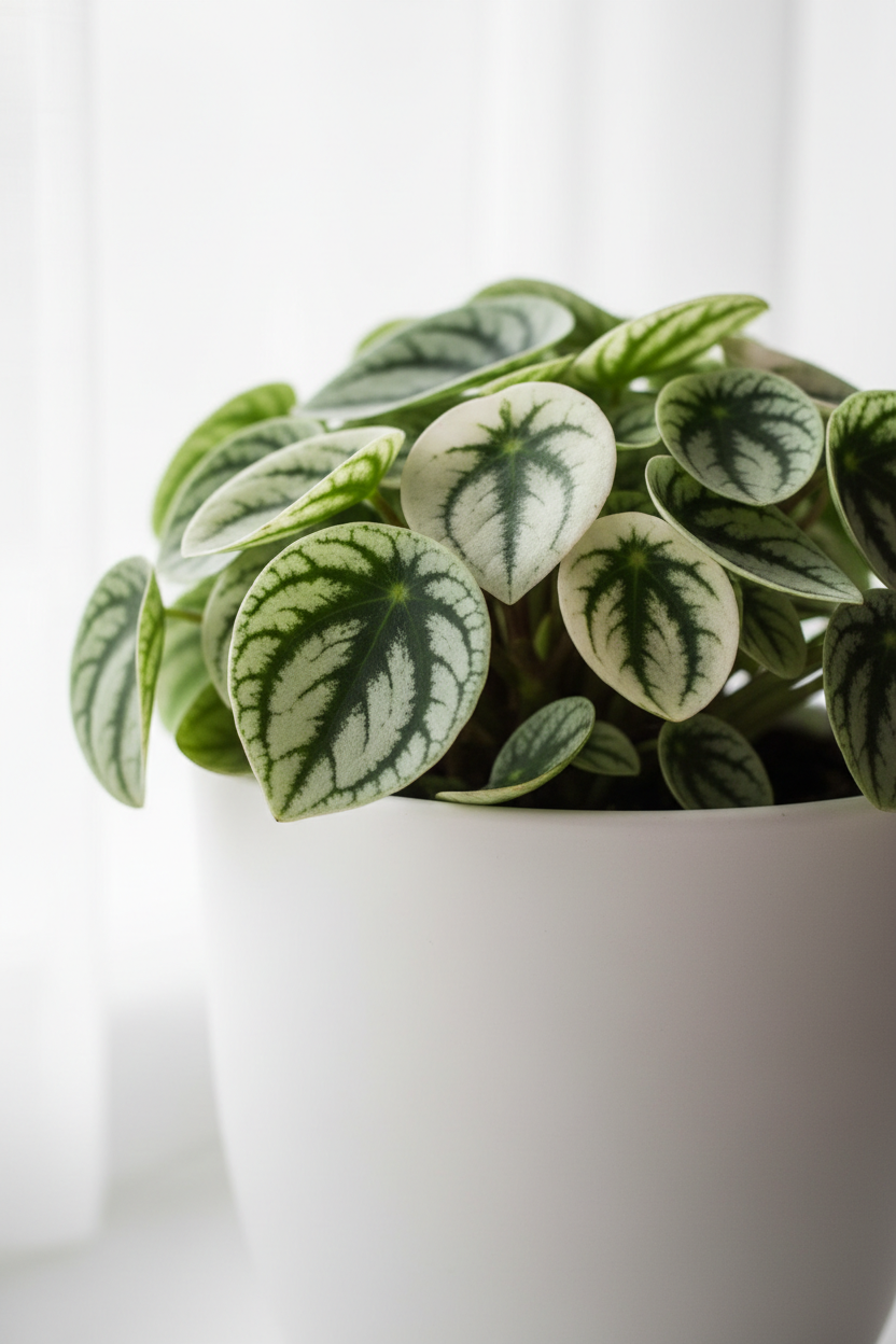 A close-up of a potted houseplant with variegated green and white leaves, growing in a white ceramic pot against a soft white background.