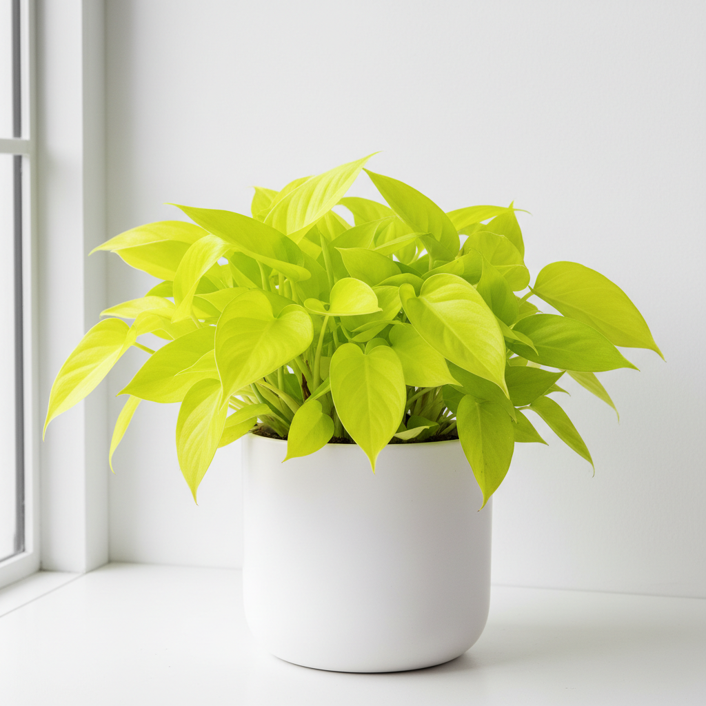 A bright green pothos plant in a white ceramic pot, placed on a white windowsill with a white wall and window frame in the background.