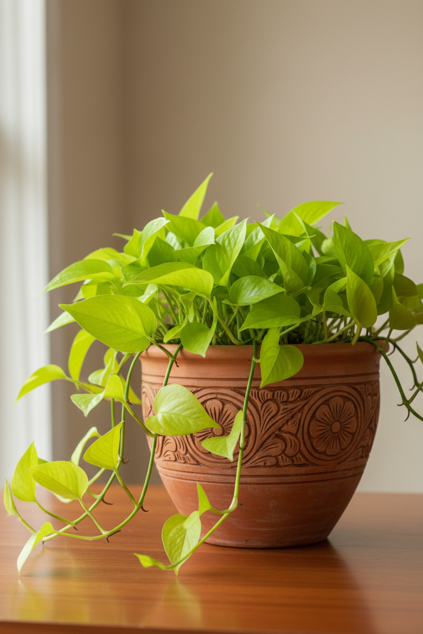 A vibrant green pothos plant in a terracotta-colored ceramic pot with floral engravings, resting on a wooden table against a neutral beige background.