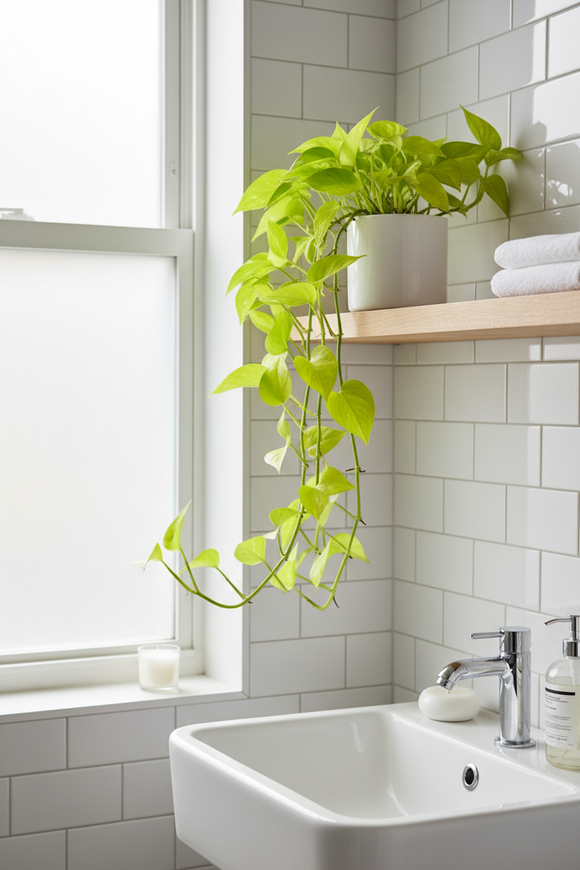 A bright green trailing houseplant in a white pot displayed on a wooden shelf in a clean white-tiled bathroom next to a sink and window.