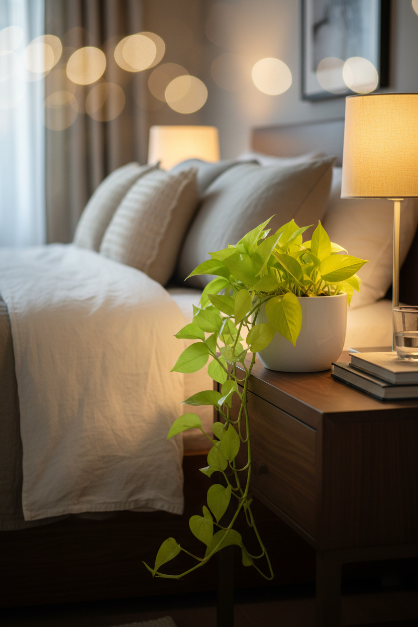 A potted green trailing houseplant in a white ceramic pot on a dark wood bedside table, next to a lit table lamp, with a softly blurred bed and warm bokeh lights in the background.