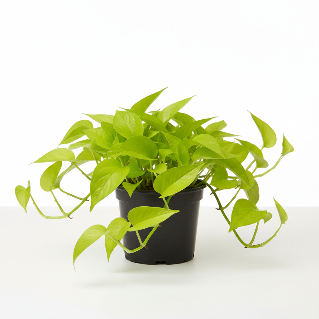A vibrant green pothos plant in a black plastic nursery pot, photographed against a seamless white studio background.