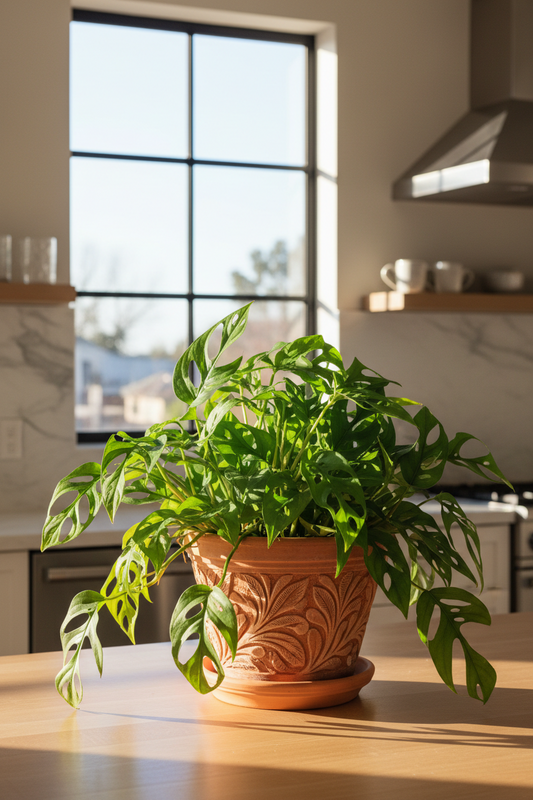 A lush green monstera plant in a terracotta pot with a carved floral pattern, sitting on a light wood kitchen island with a blurred modern kitchen in the background.