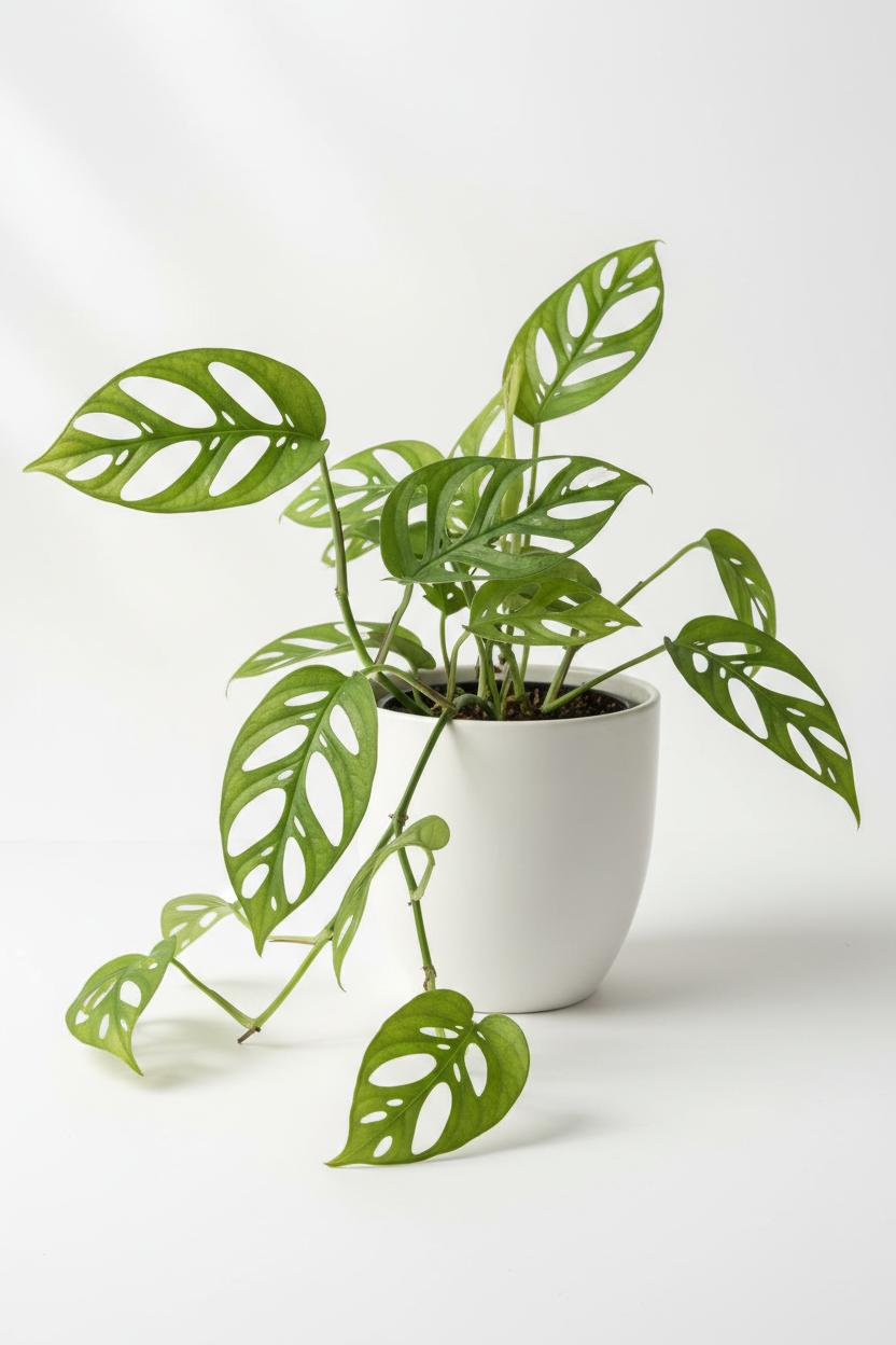 A green monstera plant with distinctive perforated leaves in a white ceramic pot, photographed against a clean white background.