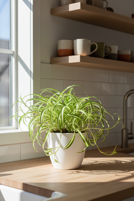 Potted plant on a wooden table with a window and shelves in the background