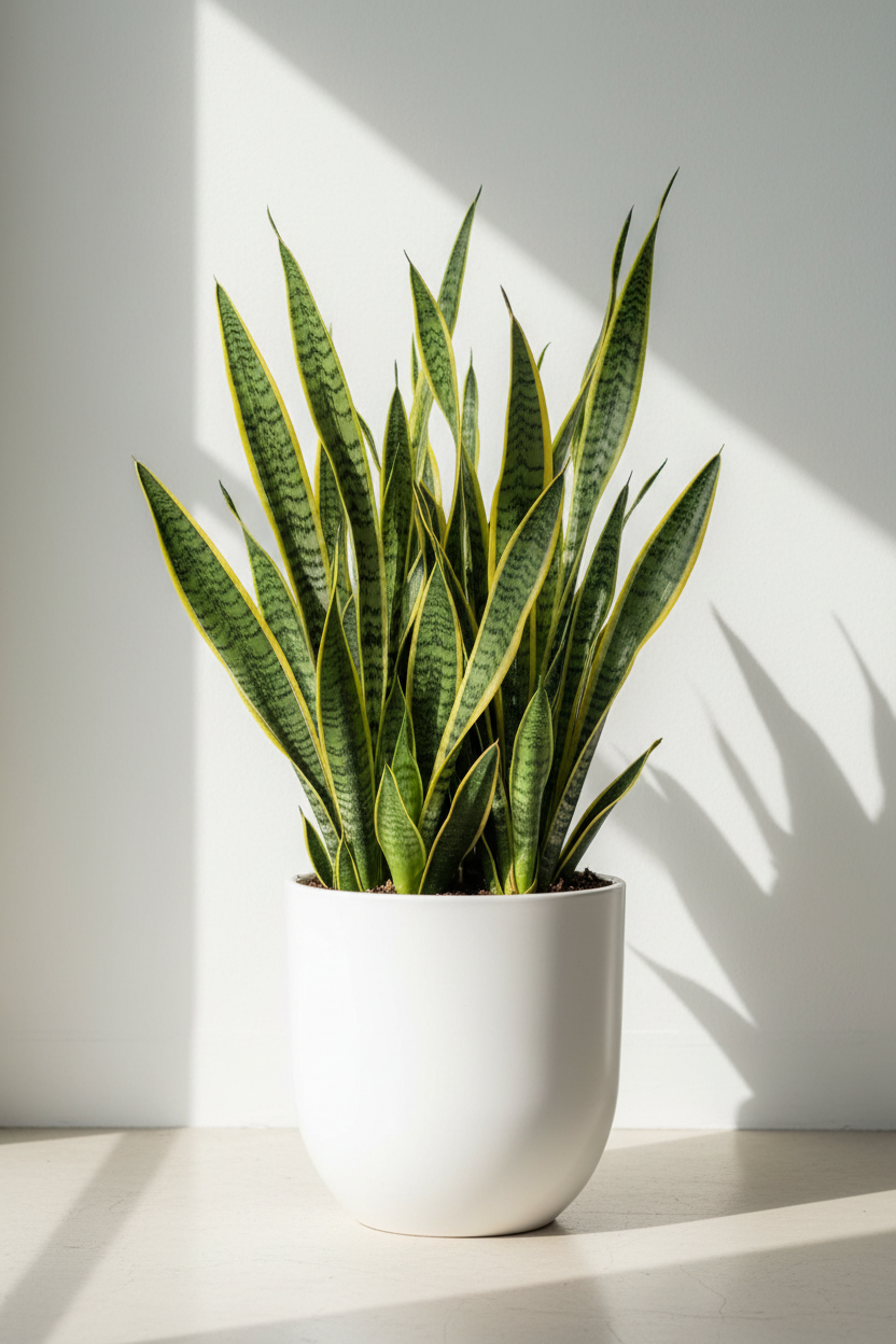 A potted snake plant with upright green leaves edged in yellow, growing in a matte white ceramic pot on a light surface against a white wall with soft diagonal shadows.