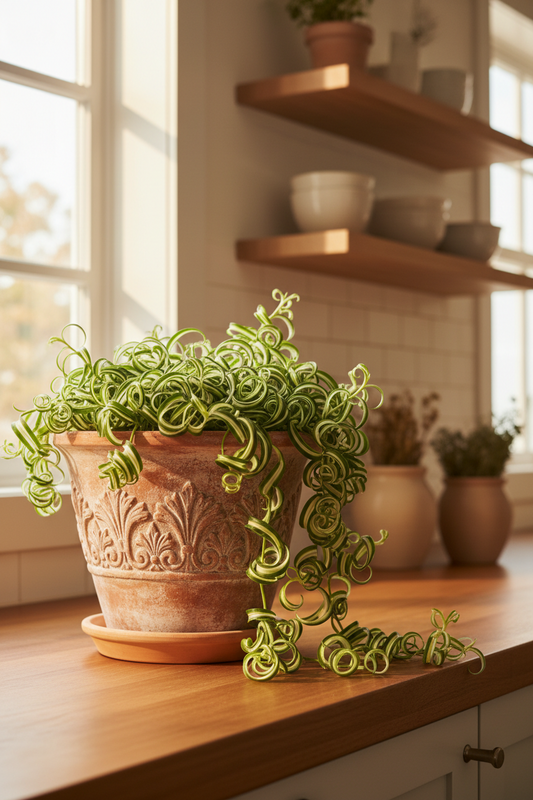 Potted plant on a kitchen counter with shelves in the background