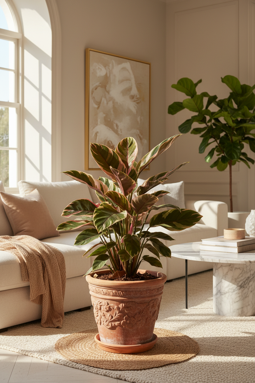 A potted variegated Calathea plant in a terracotta pot, placed on a woven rug in a bright, modern living room with a white sofa and neutral-toned decor.