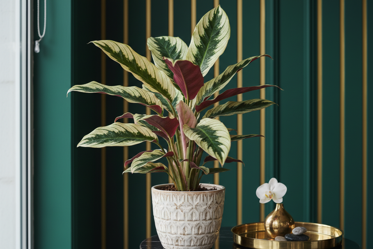 Potted plant on a table with a gold tray and decorative items against a green wall with gold stripes.