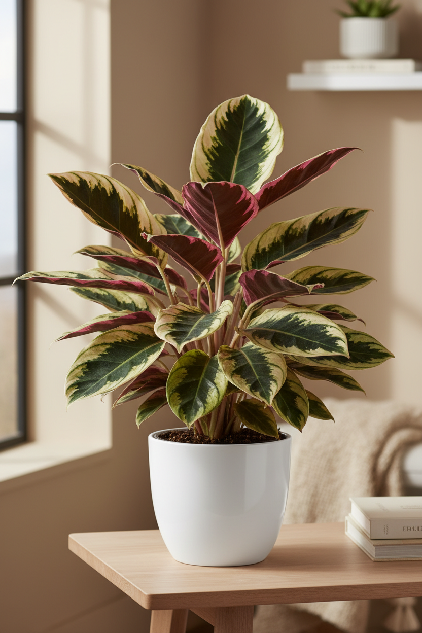 A variegated Calathea plant with green, cream, and burgundy leaves in a white ceramic pot, displayed on a light wood table in a warm, softly lit room.