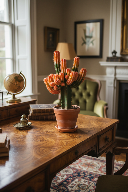 A potted cactus plant with bright orange-red spines sits on a polished wooden desk in a vintage room with a green armchair, fireplace, and globe in the background.