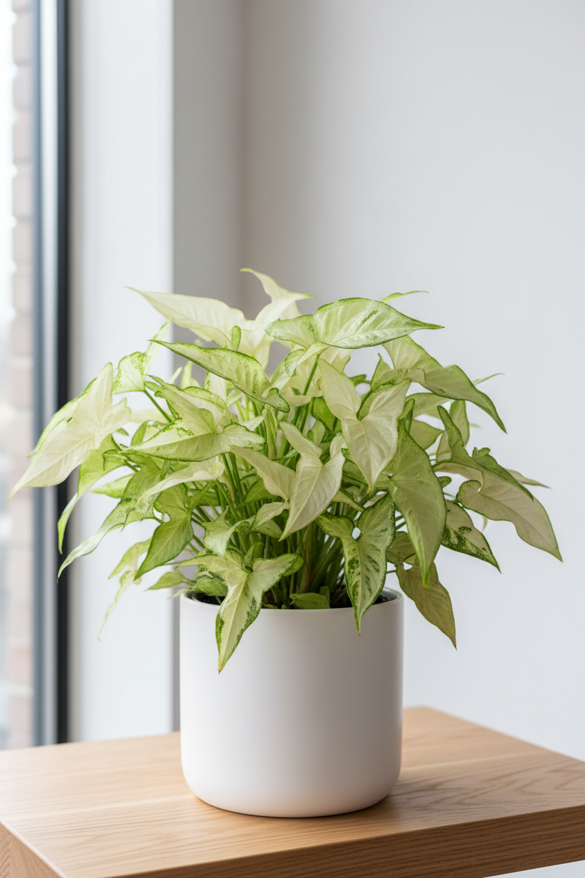 A variegated green and white houseplant in a white ceramic pot, placed on a light wood surface against a soft gray background.