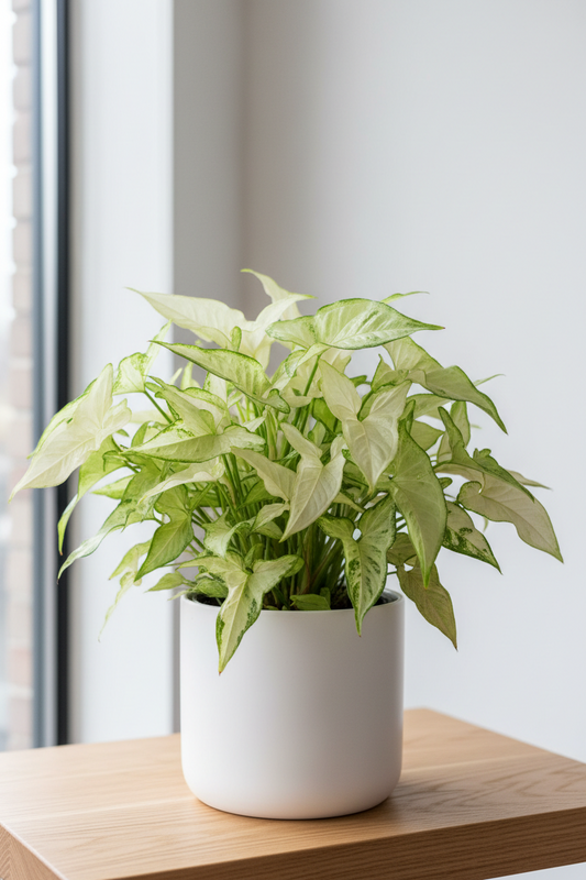 A variegated green and white houseplant in a white ceramic pot, placed on a light wood surface against a soft gray background.