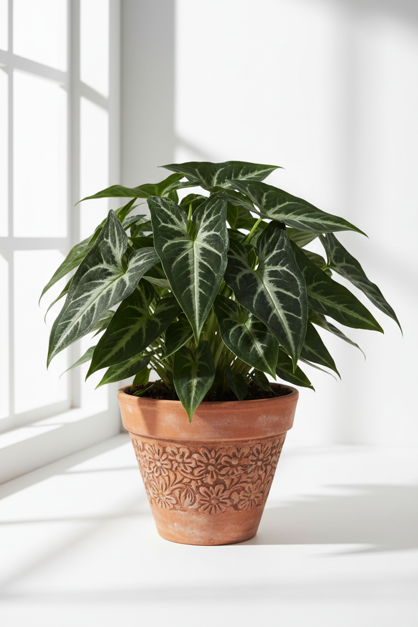 A potted Calathea Oxyrhinca plant with dark green leaves featuring prominent white veins, in a terracotta-colored ceramic pot with embossed floral patterns, set on a white windowsill with soft window light casting shadows.