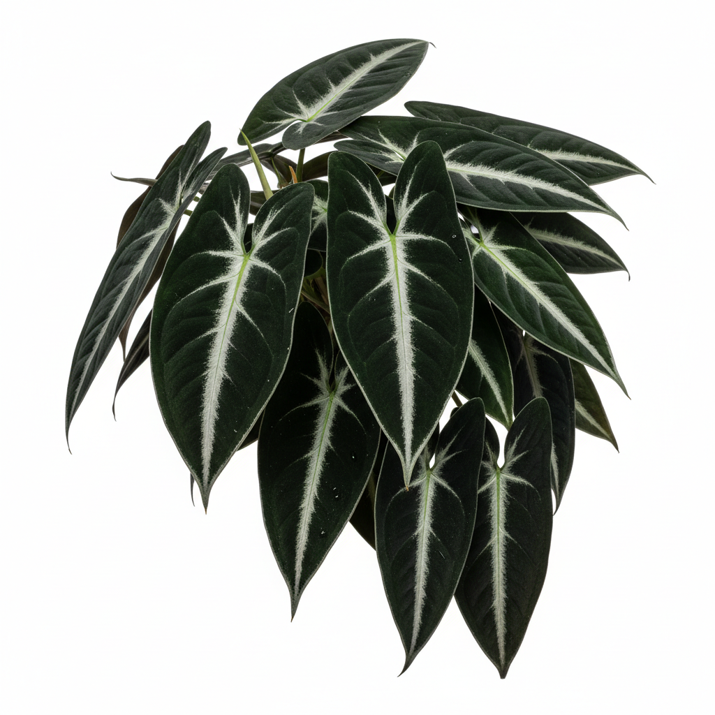 A live houseplant with glossy, dark green heart-shaped leaves featuring prominent white veins, isolated on a solid white background.