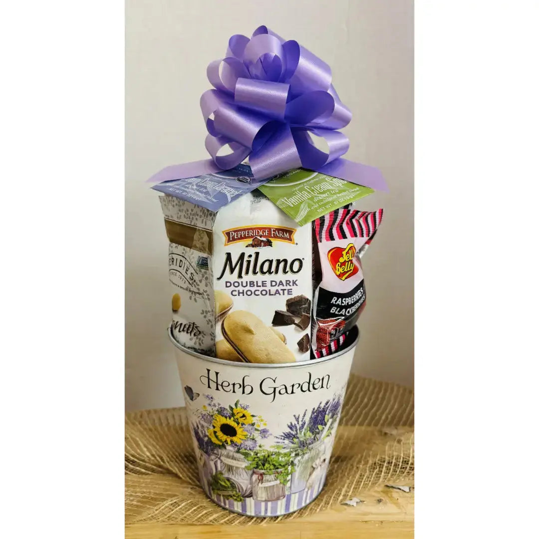 Jenny's Floral Gift Basket - Lavender Metal Basket with Gourmet Treats