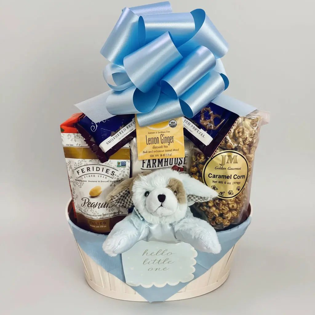 Large Baby Boy Gift Basket – Gourmet Treats & Plush Rattle