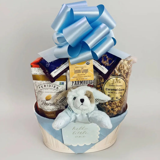 Large Baby Boy Gift Basket – Gourmet Treats & Plush Rattle