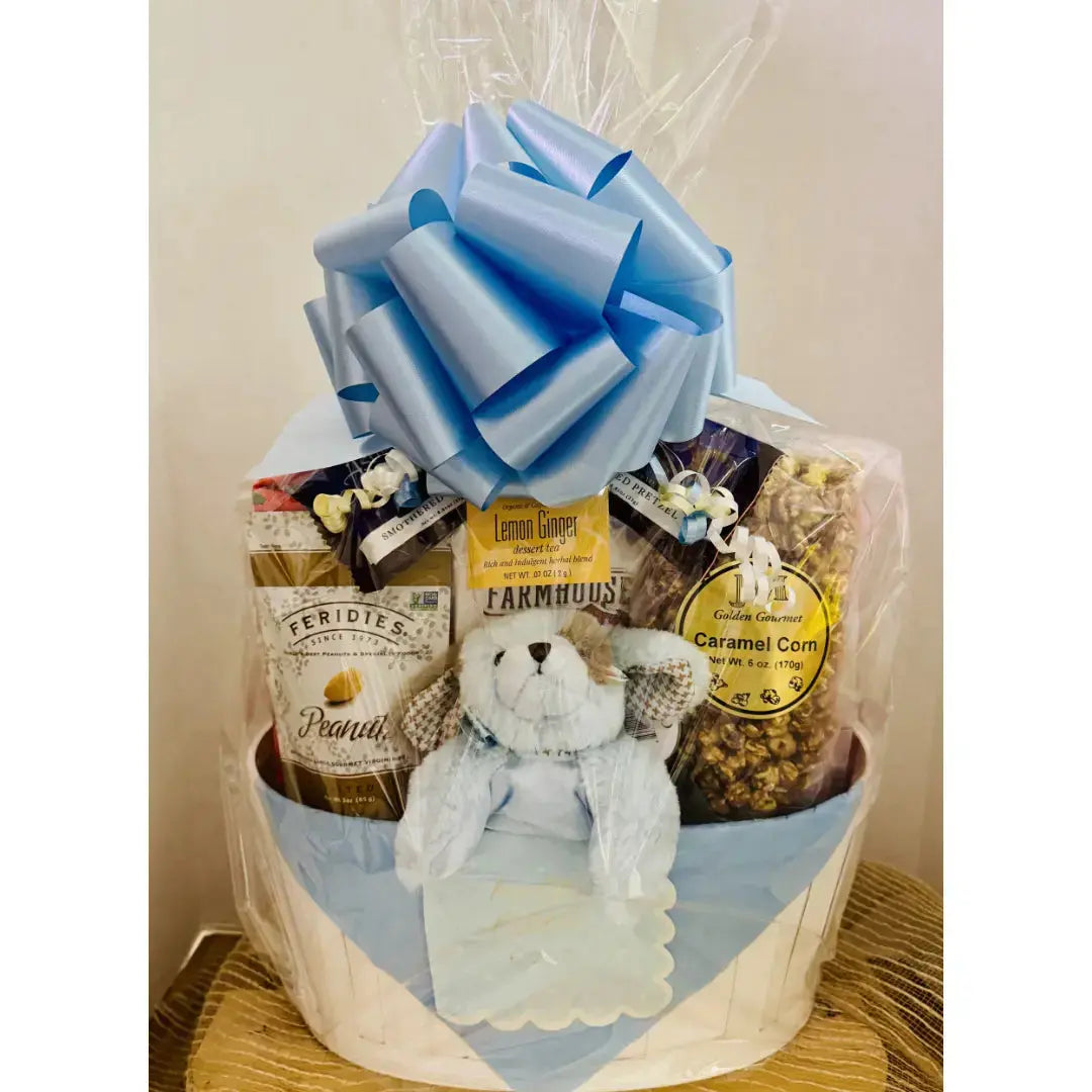 Large Baby Boy Gift Basket – Gourmet Treats & Plush Rattle
